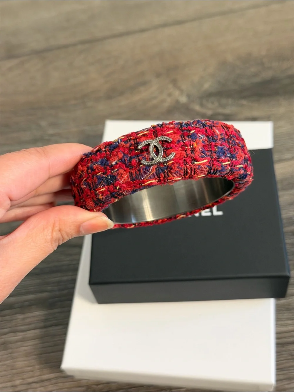 CHANEL Red Tweed CC Logo Bangle Bracelet